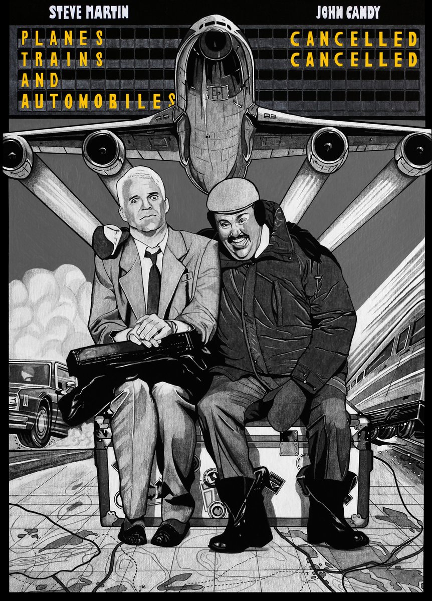 🔥 Finished my new #alternativemovieposter
'Tribute to John Candy'  
'Planes, Trains and Automobiles' (1987) by John Hughes 
🎨Graphite pencil&Acrylic marker on wood 70x50cm #planestrainsandautomobiles #johncandy #stevemartin #johnhughes #comedy #fanart #80smovies #carlesganya