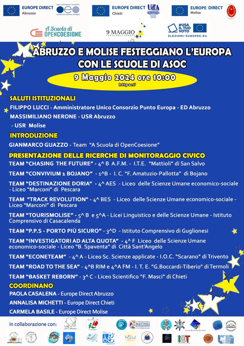 On May 9th we will participate in the videoconference with Europe Direct Molise, Abruzzo and Chieti, as a team from Molise. 
@ascuoladioc @EuropeDirectCBa 
#asoc2324 #roadtothesea #iisboccarditiberio #europedirectmolise
