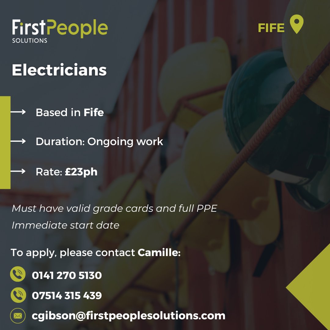 First People Solutions are looking for Electricians to work on a major project based in Fife🛠️ immediate start date For more information on how to apply, please get in touch with Camille Gibson: 📞: 0141 270 5130 📞: 07514315439 📧: cgibson@firstpeoplesolutions.com #HiringNow