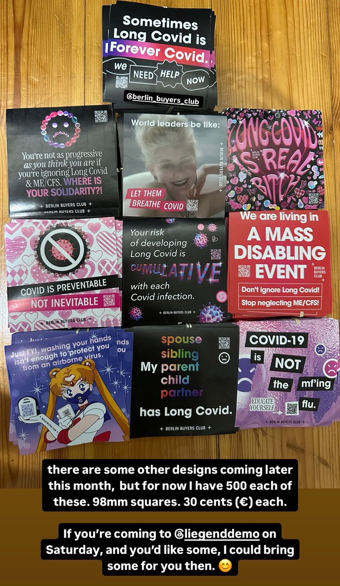 I decided to order some new @BerlinBuyers Long Covid & Covid-aware (& some ME) awareness stickers. They’re 98mm squares & 30 cents (€) each. Seeing as the weather is getting a little better, I’d like to start sticking again. People have actually found us via these stickers! 🥹