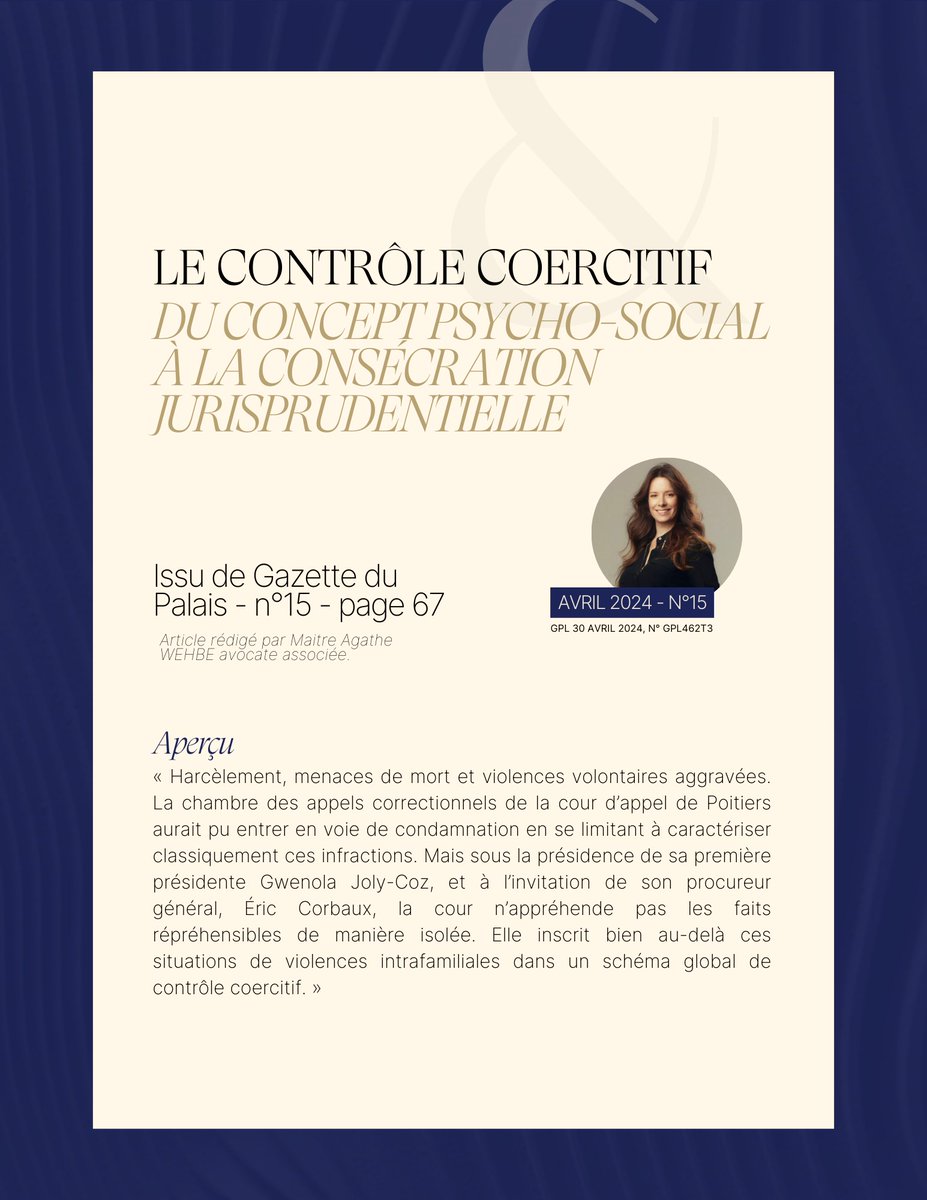 [Publication] Le contrôle coercitif, du concept psycho-social à la consécration jurisprudentielle
À lire dans son intégralité ici 👉 labase-lextenso.fr/gazette-du-pal…

#violencesfamiliales #violencesconjugales #controlecoercitif #droitdelafamille #droitpénal #feminicides @LextensoAvocat