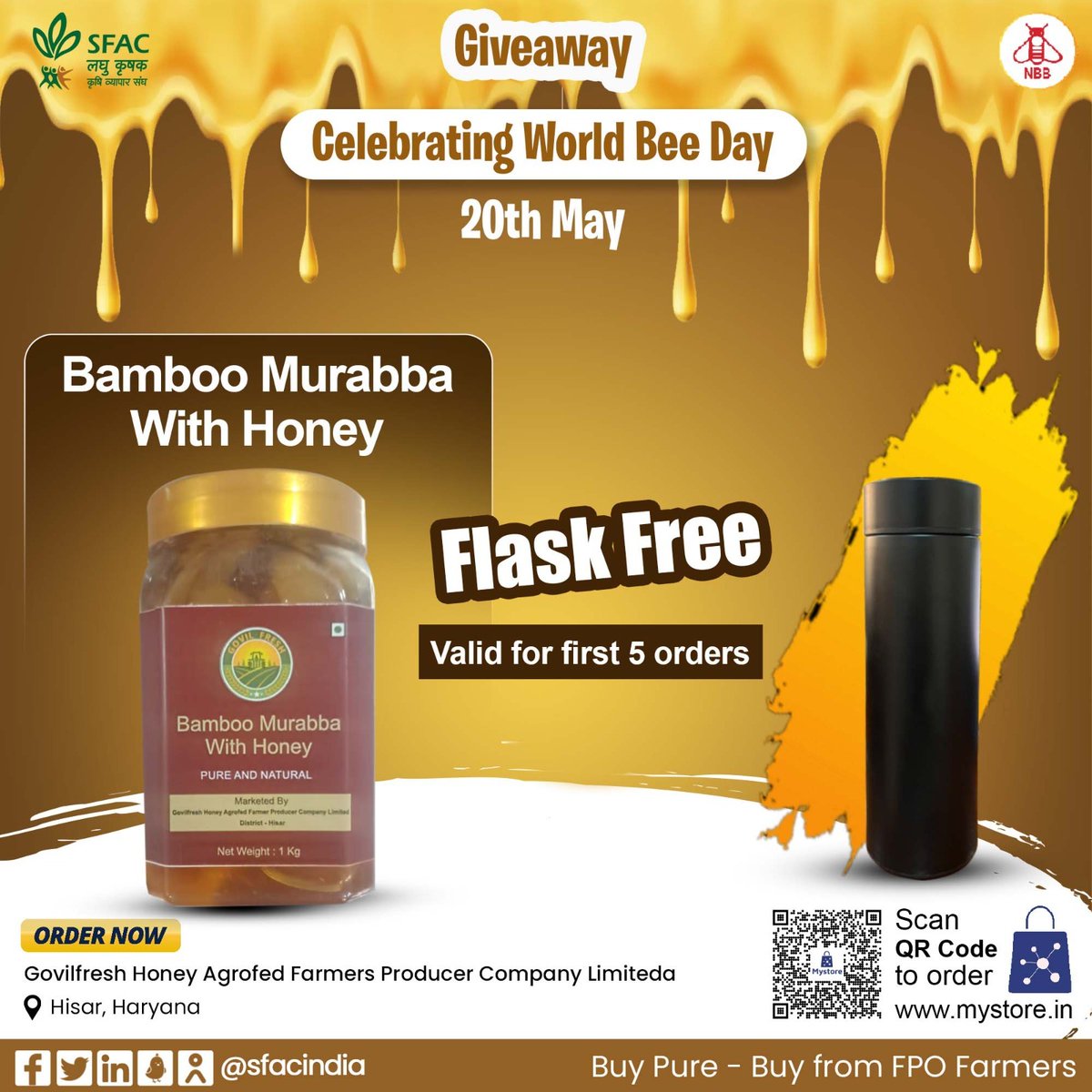 Giveaway🎁 on World Bee Day 20th May Stay fit & WIN Free gift Buy pure honey preserve with bamboo shoots. Best for summer & diet control. Valid for first 5 orders Order straight from FPO farmers at mystore.in/en/product/bam… @AgriGoI @ONDC_Official @PIB_India @mygovindia #NBB