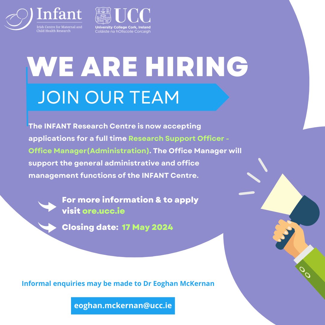 *WE'RE HIRING* ➡ INFANT are hiring a Research Support Officer - Office Manager (Administration). The Office Manager will support the general administrative and office management functions of the INFANT Centre. Interested? For more info, visit: my.corehr.com/pls/uccrecruit…