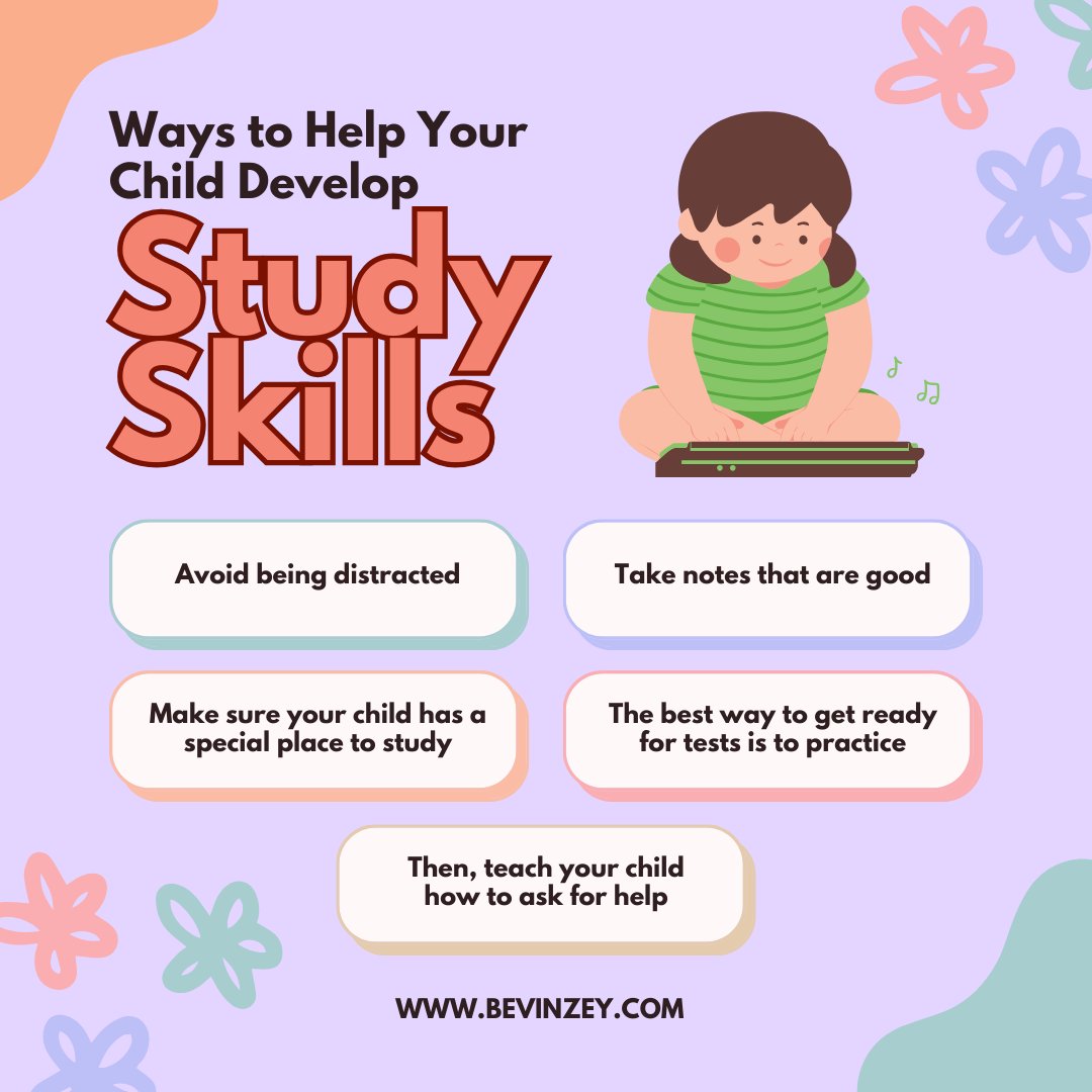 Help your child develop study skills with these tips: avoid distractions, take good notes, designate a study space, practice regularly, and teach them how to ask for help. 
#StudySkills #ParentingTips #Education #LearningTips #ChildDevelopment