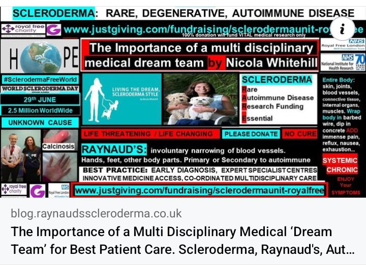The Importance of A Multidisciplinary Healthcare Team: 
blog.raynaudsscleroderma.co.uk/2018/04/the-im…
Read about scleroderma research @RoyalFreeNHS: 
royalfreecharity.org/focus/sclerode… 
royalfreecharity.org/news/story/gra… 
royalfree.nhs.uk/services/scler… 
#SclerodermaFreeWorld #RaynaudsFreeWorld 
#Scleroderma #SystemicSclerosis