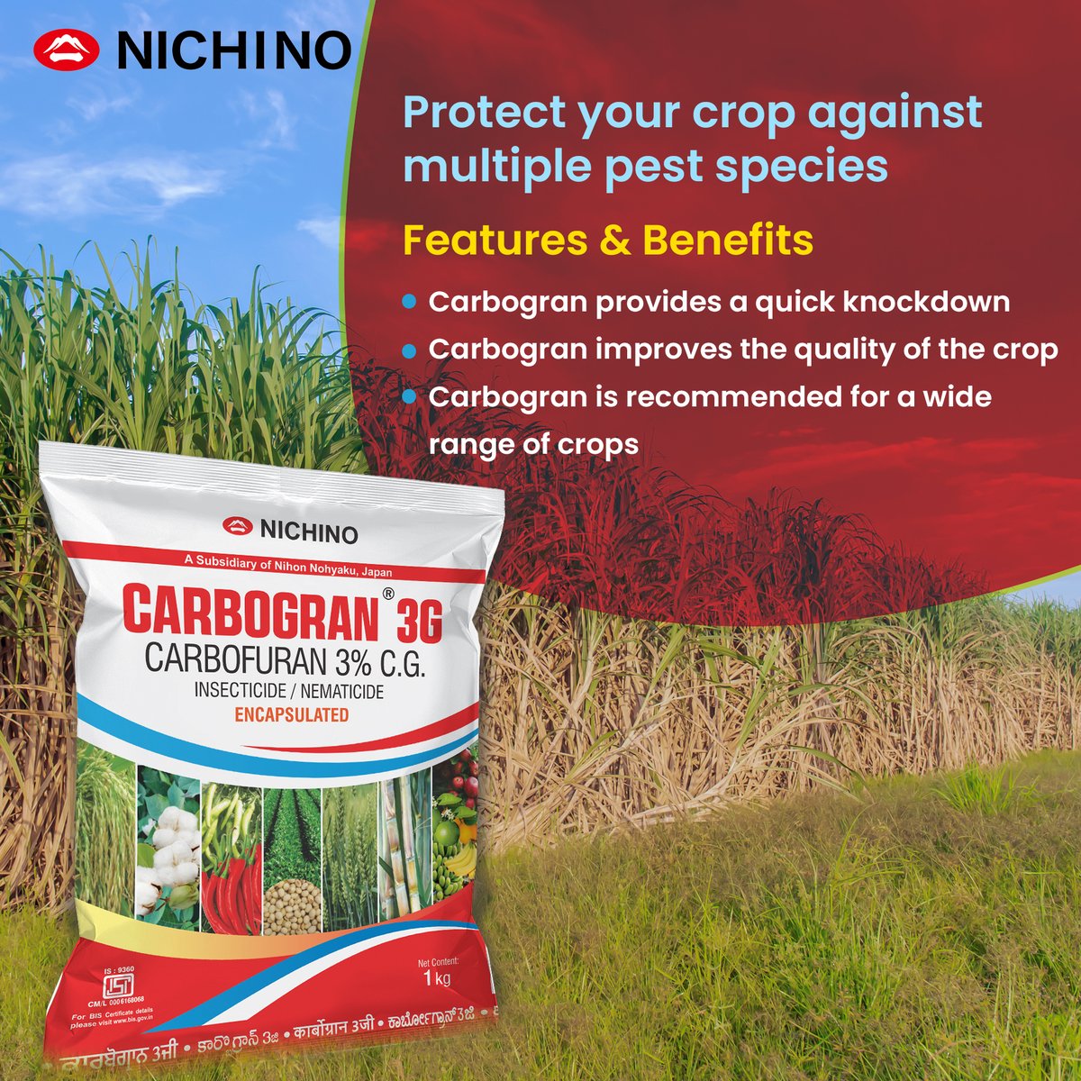 Benefit from the broad-spectrum action and witness a healthy, growing yield.

#pestcontrol #Carbogran #farmer #cropprotection #farmlife #NichinoIndia