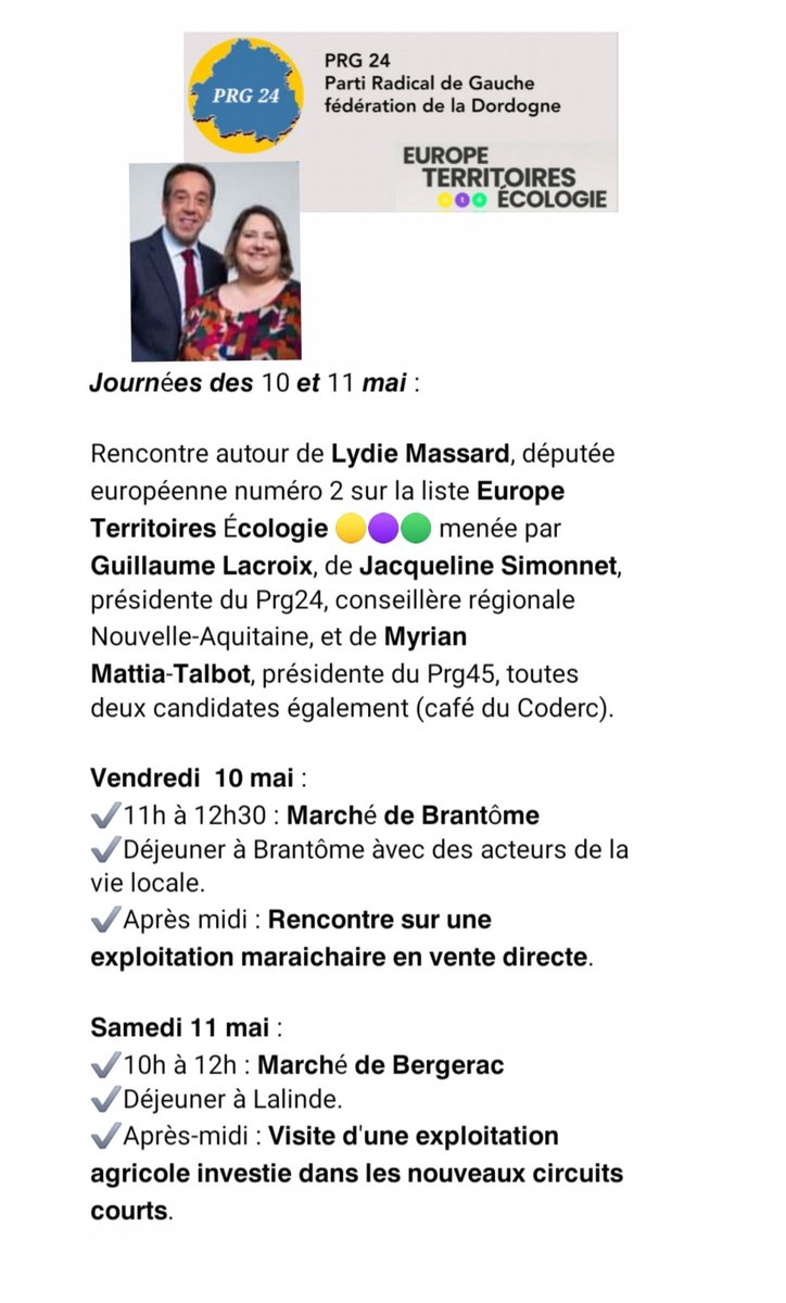 Dordogne : Programme de la rencontre avec Lydie Massard, députée européenne, liste Europe Territoires Écologie 🟡🟣🟢 menée par Guillaume Lacroix. #électionseuropéennes2024