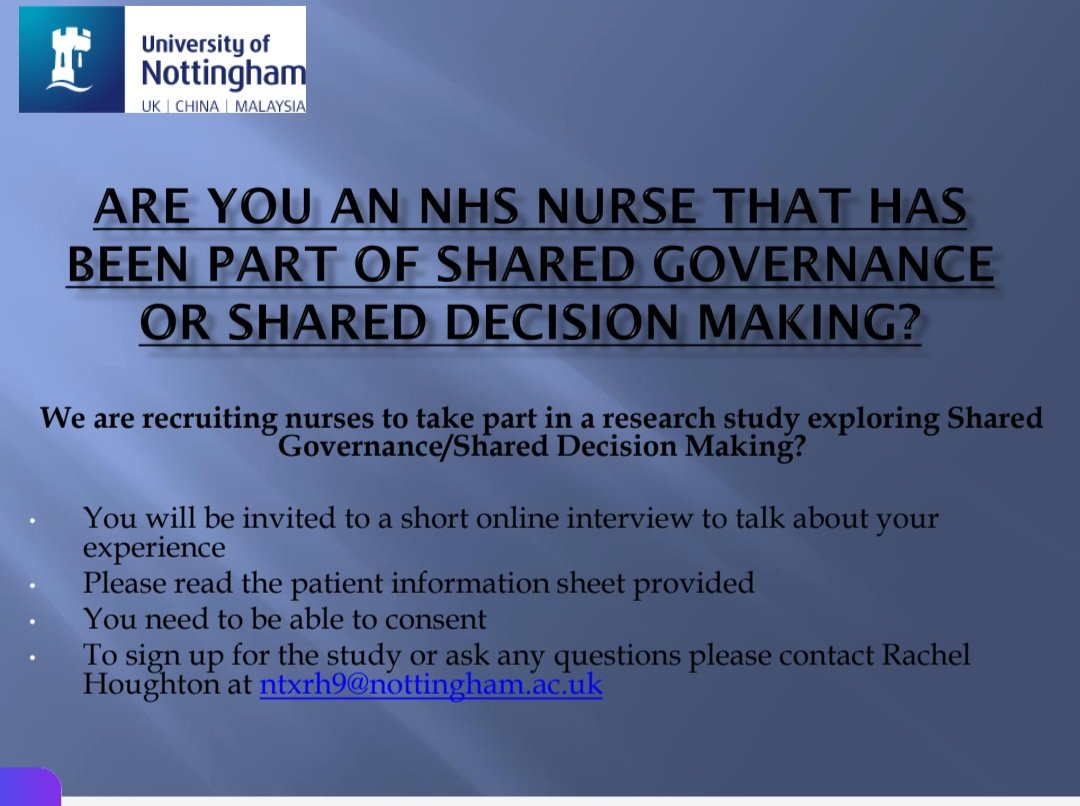 👋 As part of my Masters in Research methods I am seeking participants to interview. Are you a nurse and taken part in #SharedGovernance or #SharedDecisionMaking please tell me about your experience. details 👇 please share @Loubramley @SDM_NGH @RWT_sharedgov @SharedGovNUH