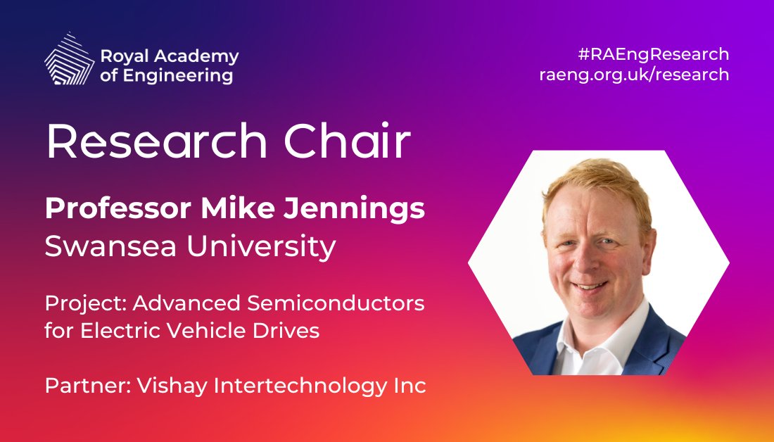📢👏 Congratulations to Professor Mike Jennings of @SUSciEng on being appointed a @RAEngNews Research Chair in Advanced Semiconductors for Electric Vehicle Drives, working with @VishayIndust. #SwanseaResearch #RAEngResearch