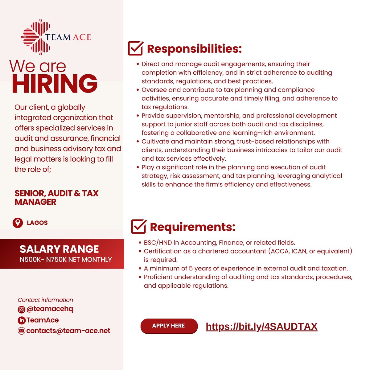 Job opening! 
See flier for details👇🏽
        
Qualified and Interested? Apply here👇🏽
bit.ly/4SAUDTAX

#taxmanager #taxmanagerjob #hiringnow #jobopenings #vacancy #teamace Opay The CBN