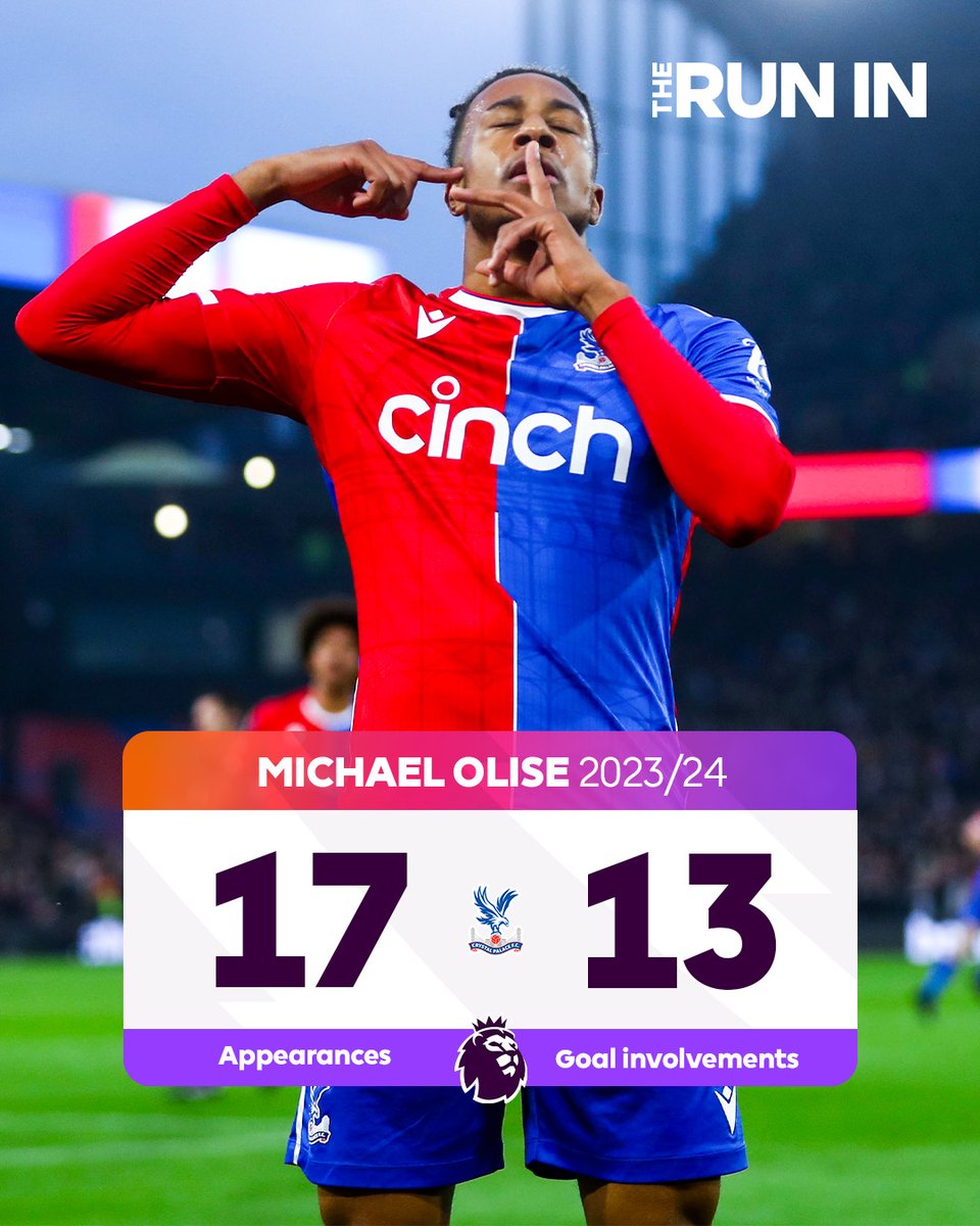 Michael Olise's season may have been disrupted by injuries, but when he has played he averages a goal involvement every 84 minutes! He added two more goals to his tally in @CPFC's 4-0 win over Man Utd yesterday 🦅