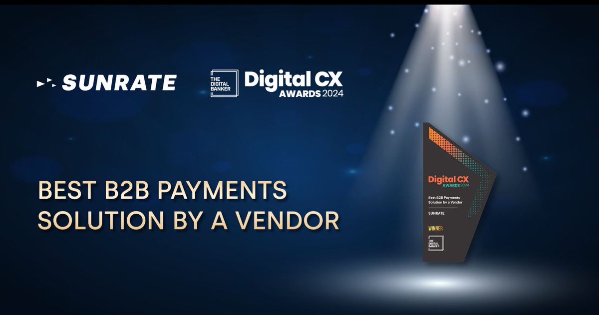 Delighted to share that @SUNRATEofficial has won the 'Best B2B Payments Solution by a Vendor' at the inaugural Digital CX Awards 2024, organised by @banker_digital! This recognition highlights our commitment to providing cutting-edge payment solutions for businesses worldwide.