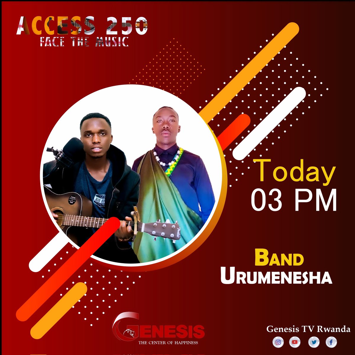 #ACCESS250 Don't miss this afternoon 3PM our very own BAND URUMENESHA will be performing live in the studios of Genesis TV Ch387 canal+

The Center of Happiness 
#Genesistv387 #Genesistvrwanda #livemusic #liveperformance #RwOT #RwOX