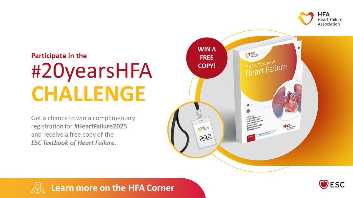 Start completing your challenges now to enter the #20yearsHFA challenge during #HeartFailure2024 for a chance to win a free registration to #HeartFailure2025 and a free copy of the #ESC_HFA Textbook of #HeartFailure 

Read more: bit.ly/4bqvMhU