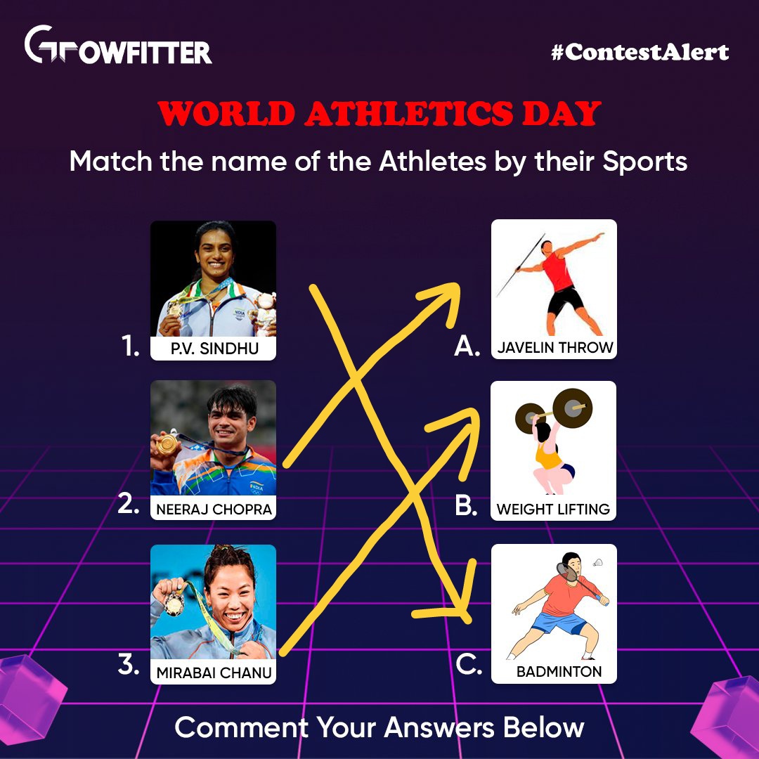 @growfitter @DrVaidyas @rpsggroup 1. PV Sindhu - C. Badminton
2. Neeraj Chopra - A. javelin throw
3. Meerabai Chanu - Weightlifting
#ContestAlert  #WorldAthleticsDay

Tags :-
@cricketnerddd
@61off29 
@criccrazyy_