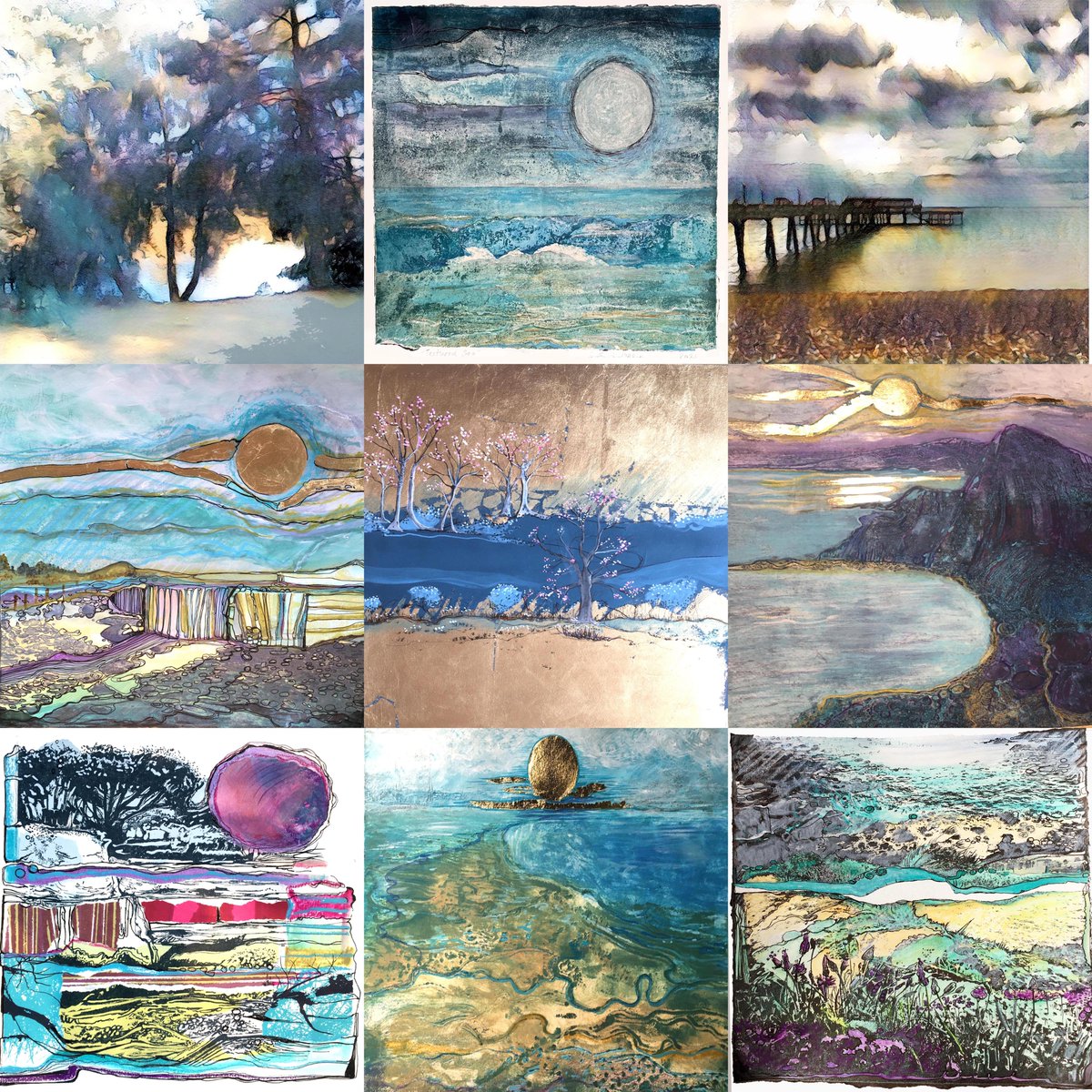 Reviewing my coastal work in collage print and painting I always get drawn to the sea - love coastal art I get drawn to it #printmaking #painting #seaside #tuesdayvibe #coastline #trees #moonlight #texture #kentcoast #coastalart #goldleaf #sketching #prints #screenprint #pier