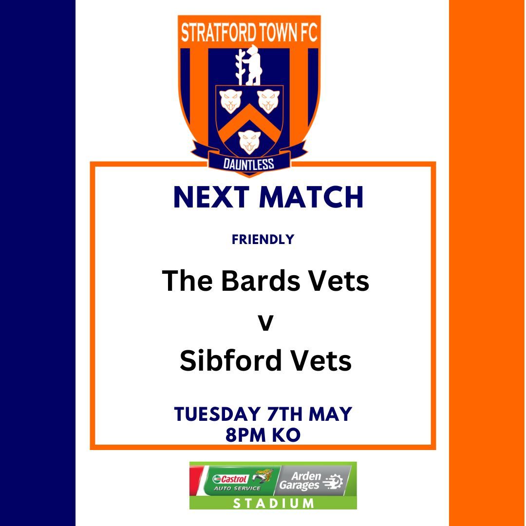 The Bards Vets (over 35s) next end of season friendly kicks off at 8pm on Tuesday just 48 hours after the first friendly !!! Sibford Vets are the visitors to the @ArdenGarages Stadium. #SeniorFootball #BardyArmy