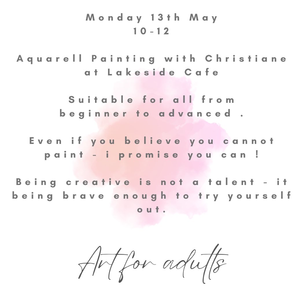 Monday 13th May 10-12 Aquarell Painting with Christiane Art for Adults Please book on as room space is limited. This is a free activity ♥️