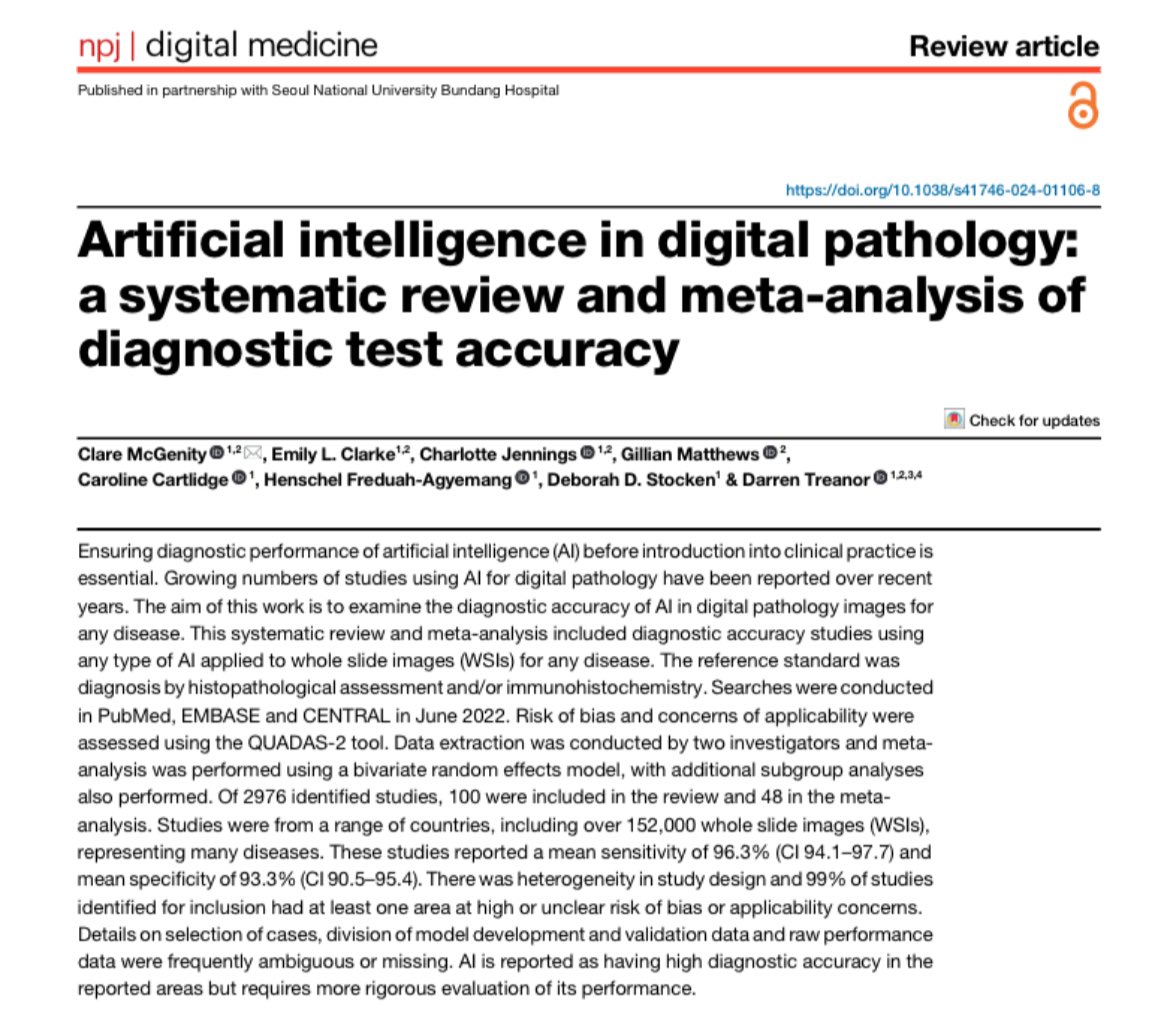 Excited that our new #openaccess #systematicreview has just been published @npjDigitalMed looking at diagnostic accuracy of #AI in #digitalpathology 💻 🔬 rdcu.be/dGTOD