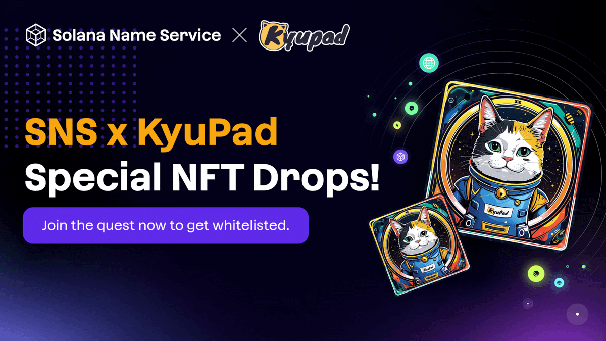 sns's tweet photo. 1/Welcoming our new APAC partner, @Kyupad_  - a community-based launchpad aimed at providing Solana natives a fair experience in joining IDOs based on their ecosystem contributions 🤝

To celebrate our partnership @Kyupad_ is offering 350 WL spots for their NFT pass to .sol holders!🆔

This NFT Pass holds the key to EXCITING ADVANTAGES in their upcoming IDOs. You don't want to miss this one

Repost & complete the quest to stand a chance to win your WL spot  today↓
https://t.co/vWJD13eSsN