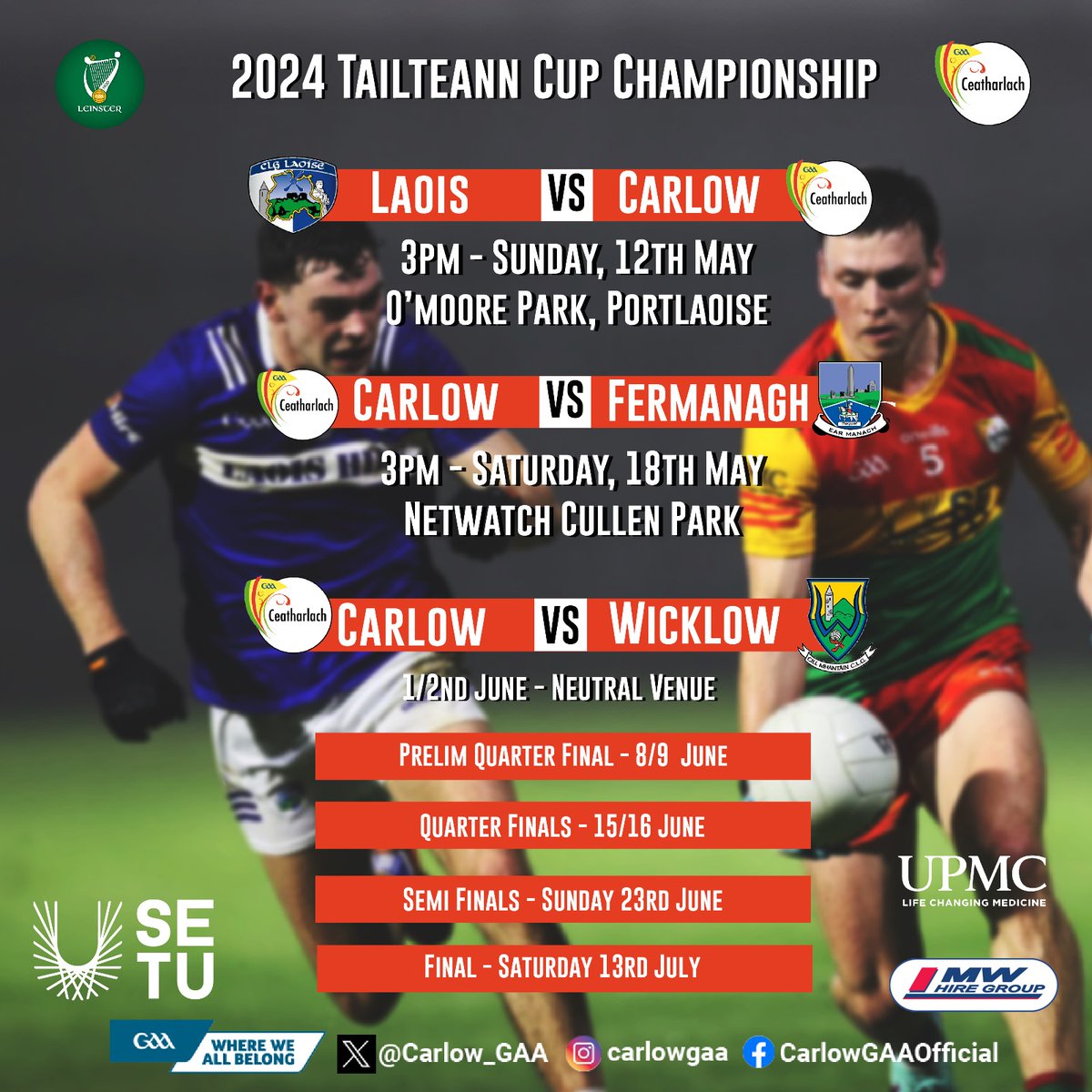 🇲🇱@Carlow_GAA 's FIrst and Second Rounds of the Tailteann Cup have now been fixed - see details attached. Details are awaited of the Third Round V Wickow which will be at a neutral venue on the weekend of 1/2 June.