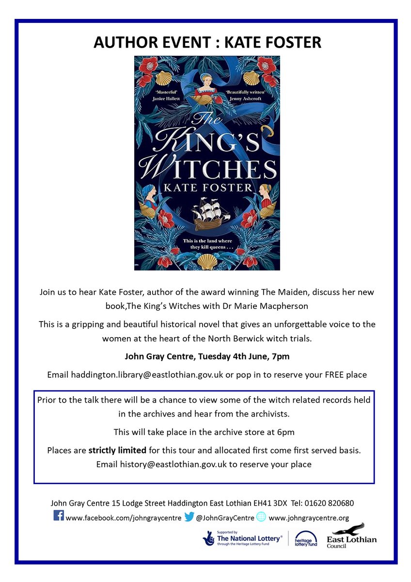 Come and join us on the 4th June to hear @KateFosterMedia talk about her new book, The King's Witches with @Scotscriever1 Also a chance to have a tour of the witch related records in the archive Booking essential for both Hope to see you there!