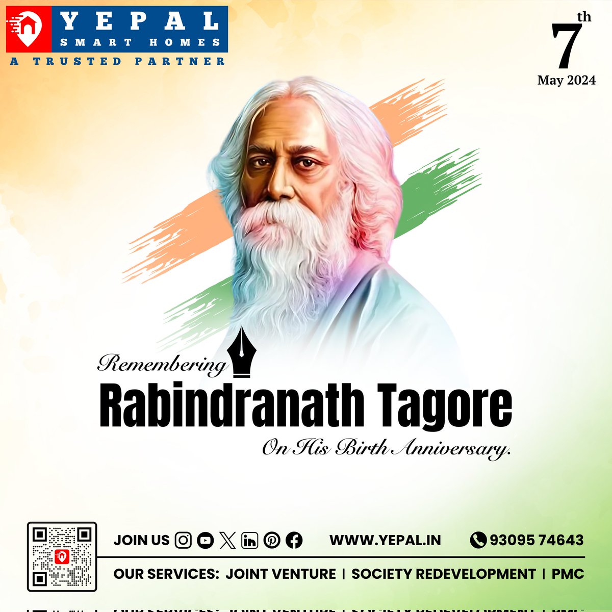 🇮🇳Happy Rabindranath Tagore Birth Anniversary✒️
#RabindranathTagoreJayanti #RabindranathTagore
#yepalsmarthomes #yepalhousingdeveloper #yepalsocietyredevelopment #yepalconstruction #smarthome  #punepropertyportal #trustedbuilders #Trusteddeveloper #realestatedeveloper  #pune