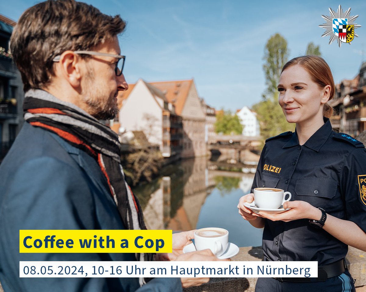 Lust auf einen entspannten Plausch bei einer Tasse #Kaffee? Dann kommt zu 'Coffee with a Cop' am Mittwoch (08.05.2024) von 10 bis 16 Uhr auf dem Nürnberger Hauptmarkt (direkt neben dem Schönen Brunnen). #WirfürEuch #Nürnberg #Polizei #PolizeiMittelfranken #CoffeeWithACop