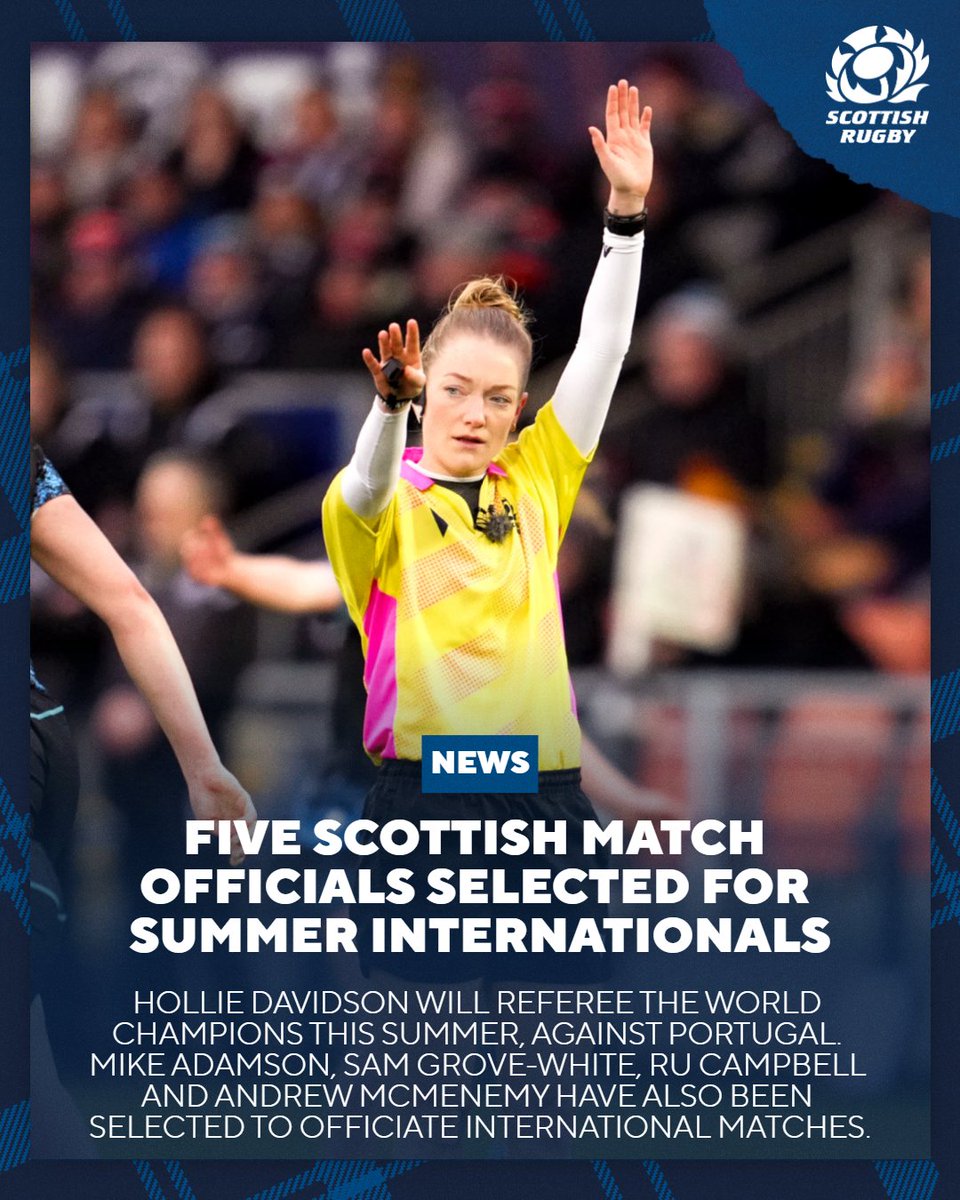 Scotlandteam's tweet image. Five Scottish match officials have been selected for Summer Internationals, with Hollie Davidson set to referee World Champions South Africa.

More ➡️ tinyurl.com/5n94d9zk