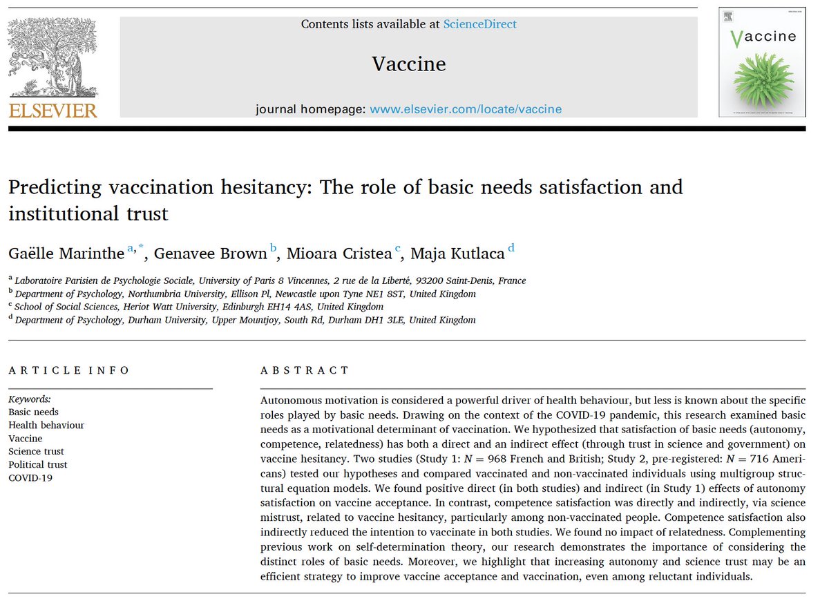 Our findings show the importance of #autonomy #satisfaction and #sciencetrust in explaining #vaccine #acceptance and #vaccination, even among reluctant citizens. Check out our latest paper with @GaelleMarinthe @BrownGenavee & Maja Kutlaca: doi.org/10.1016/j.vacc…