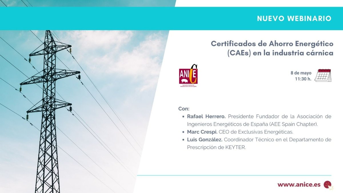 ANICE_ES's tweet photo. 🔔 No te olvides ➡️ Mañana a las 11:30h. celebraremos el #Webinario #CAEs en la industria cárnica.
🗣️ Expertos de @AEESpain, #iGEX y @KEYTERes abordarán cómo la herramienta puede contribuir a la 💡🌱 eficiencia energética de las empresas del sector.
👉 +Info y detalles ⤵️ https://t.co/A0WZA8H6nE
