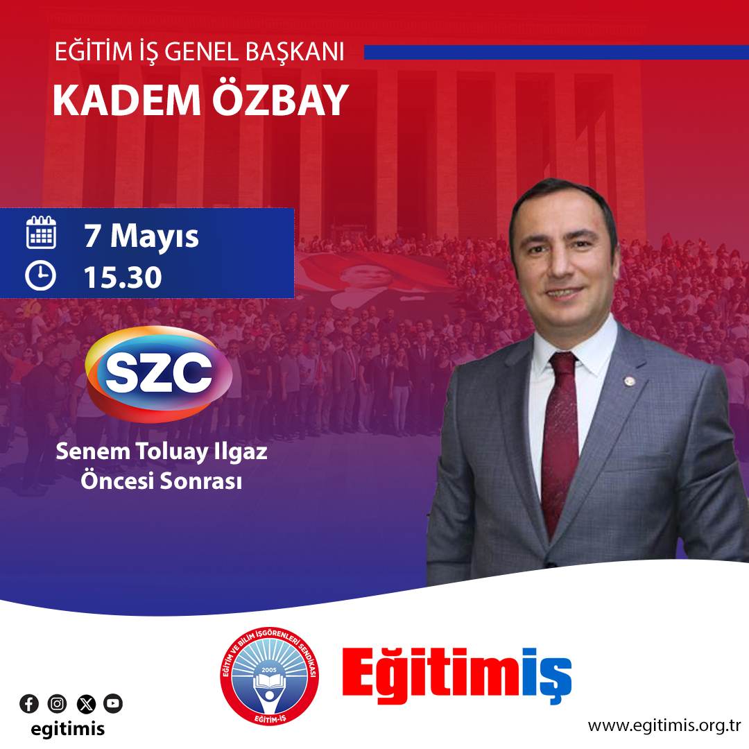 Genel Başkanımız Kadem Özbay, 🗓️ bugün (7 Mayıs Salı) ⏲️ saat 15.30'da 📺 Sözcü Televizyonu'nda gazeteci Senem Toluay Ilgaz'ın sunduğu Öncesi Sonrası programının canlı yayın konuğu olacaktır. @kademozbay_ @szctelevizyonu @ilgazsenem