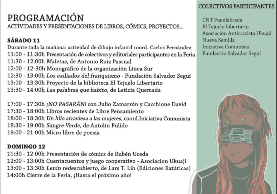 FERIA DEL LIBRO Y FANZINE CRÍTICO DE GETAFE 

Este sábado  participamos en la Feria del Libro y Fanzine Crítico de Getafe. Durante todo el día estaremos, junto a otros muchos colectivos, exponiendo nuestros materiales. ¡Acércate!

📍Plaza Pedro Cid (Getafe)
🗓️11 y 12 de Mayo