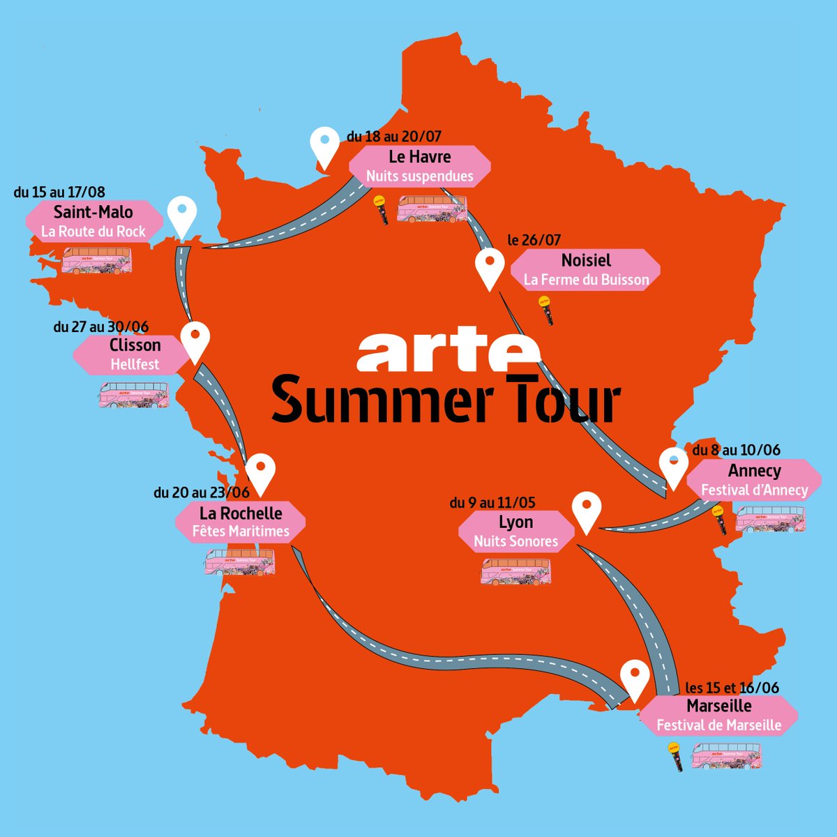 Notre Summer Bus ARTE est prêt pour son #SummerTour ! Et vous ? 🚌

🌊 9 -11.05 @nuits_sonores
🌊 8 -10.06 @annecyfestival
🌊15 -16.06 @FDanseMarseille
🌊 20 - 23.06 Fêtes Maritimes La Rochelle
🌊 26 - 30.06 @hellfestopenair
🌊18 - 20.07 @lh_lehavre 
🌊 15 -17.08 @laroutedurock