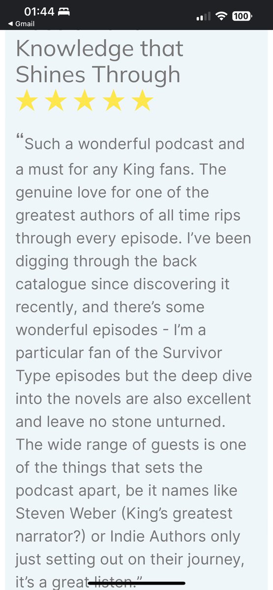 Such a joy to start the week with a lovely review of the pod. It really means a lot when people take the time to reach out . “ the genuine love for one of the greatest authors of all time rips through every episode “<a href="/StephenKing/">Stephen King</a> come join us @ Kingsize !