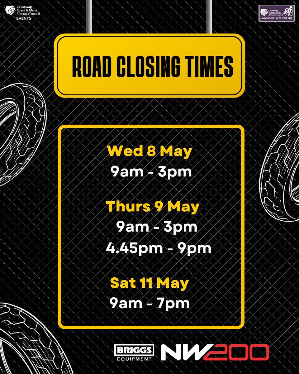 𝐍𝐨𝐫𝐭𝐡 𝐖𝐞𝐬𝐭 𝟐𝟎𝟎 𝐑𝐚𝐜𝐞 𝐖𝐞𝐞𝐤 🏍 🚫 𝐑𝐨𝐚𝐝 𝐂𝐥𝐨𝐬𝐮𝐫𝐞𝐬 🚫 The Briggs Equipment @northwest200 practice and race days take place on Wednesday 8th, Thursday 9th and Saturday 11th May. Please note the times of the road closures each day. #NorthWest200 #NW200