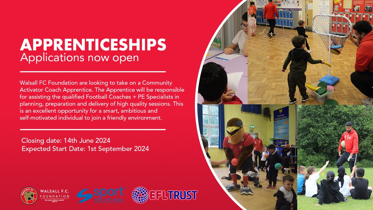 💼⚽️ Applications for our Walsall FC Foundation Apprenticeships are now open! For more information on the role please click the links below. Apply here 👉 shorturl.at/blRU5 Our apprenticeships 👉 shorturl.at/zRSW9 @WFCOfficial | @SportStructures | @EFLTrust