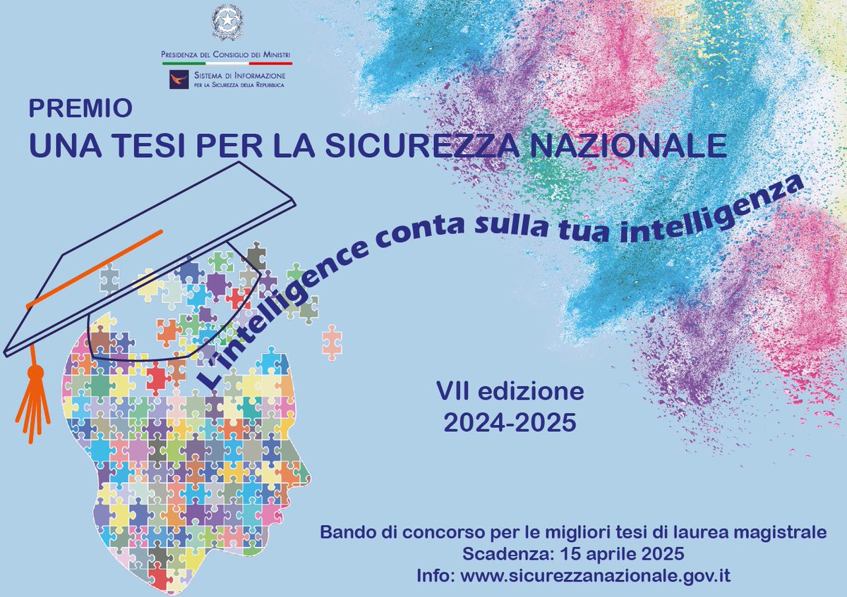 Sicurezza Nazionale (@sicnazionale) on Twitter photo š“Ć online il nuovo bando del Premio #Unatesiperlasicurezzanazionale dedicato alle migliori tesi di laurea su tematiche di interesse #intelligence. In palio fino a 10 premi š Leggi il bando e scarica la domanda di partecipazione qui šsicurezzanazionale.gov.it/contenuti/sett⦠#SicurezzaNazionale š“Ć online il nuovo bando del Premio #Unatesiperlasicurezzanazionale dedicato alle migliori tesi di laurea su tematiche di interesse #intelligence. In palio fino a 10 premi š Leggi il bando e scarica la domanda di partecipazione qui šsicurezzanazionale.gov.it/contenuti/sett⦠#SicurezzaNazionale