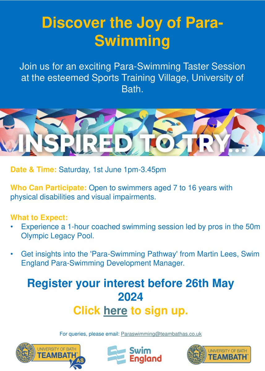 Team Bath AS is preparing for the Paris 2024 Paralympic Games by organising a complimentary para-swimming taster session in collaboration with Swim England's 'Inspired to Try' campaign. Click here to find out more: uk.gomotionapp.com/team/reczzasuk…