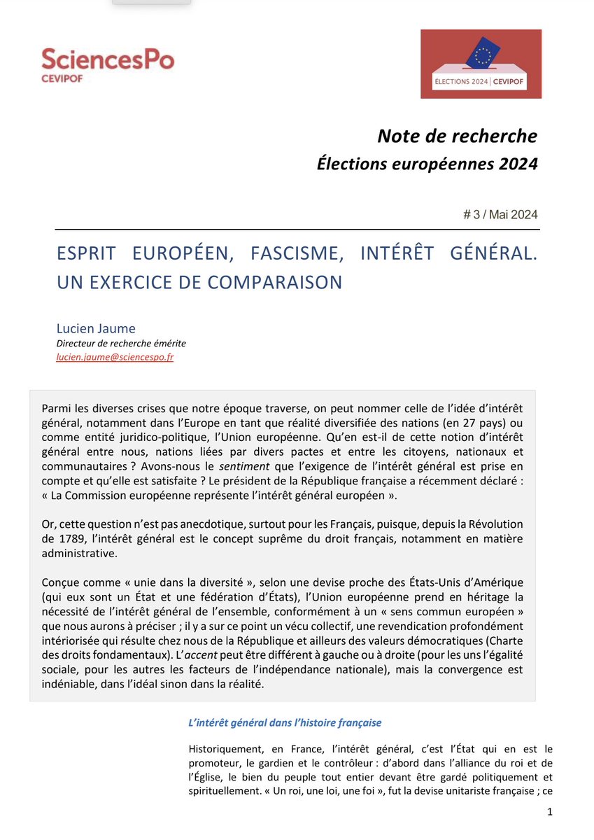 #Européennes2024
#intérêtgénéral

📌 Nouvelle note  de recherche du cycle élections européennes 🇪🇺 : 
'Esprit européen, fascisme, intérêt général. Un exercice de comparaison'
par Lucien Jaume @CEVIPOF 

@sciencespo
@ScPoResearch

Vers la note 👇
tinyurl.com/ys7r7ktu