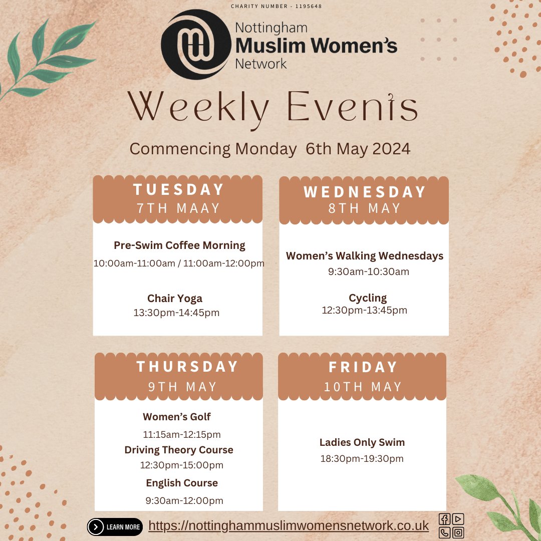 📆✨Don't miss out – mark your calendars and join the excitement on this week's agenda at the Nottingham Muslim Women's Network! 
👉please visit our website, and social media platforms🌐
contact us
☎️ 07826464722 / 01158372627
📧 enquiries@nmwn.co.uk
#nottinghamwomen #women