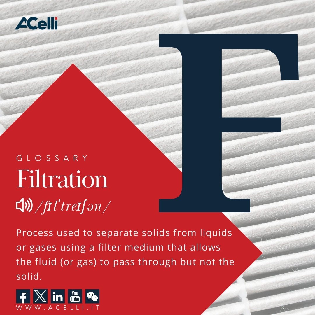 Filtration is a process used to separate solids from liquids or gases using a filter medium that allows the fluid (or gas) to pass through but not the solid. 👉 hubs.ly/Q02vmcvf0 #acelli #onaroll #tissue #paper #nonwovens #vocabulary #glossary #filtration