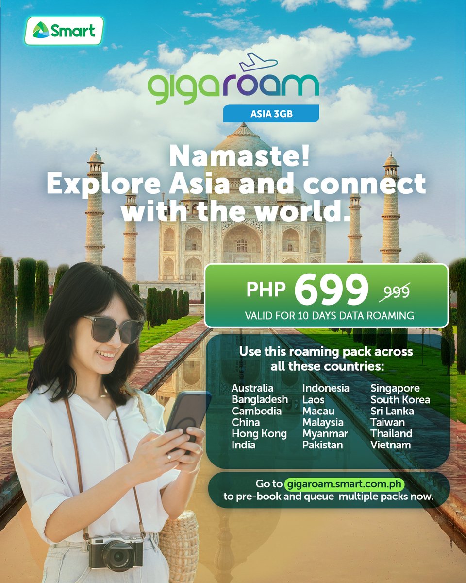 Nama-Stay connected throughout your Indian itinerary! 🙏 With Smart GigaRoam Asia, you can explore, connect, and share your adventures without interruption at just ₱699 for 10 days. Pre-order and discover more travel packs now at gigaroam.smart.com.ph. 🛫