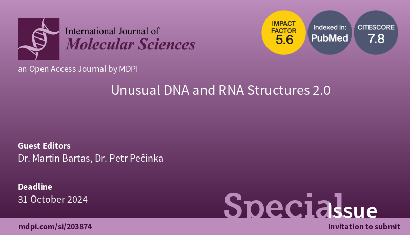 🌟Calling for Papers🌟 📚Unusual DNA and RNA Structures 2.0 👨‍🔬Guest Editor: Dr. Martin Bartas and Dr. Petr Pečinka 🔗mdpi.com/journal/ijms/s… ⏰Deadline: 31 October 2024 @MDPIOpenAccess @MDPIBiologySubj #Gquadruplex #imotifs #ZDNA #ADNA #cruciforms #nucleicacidstructures