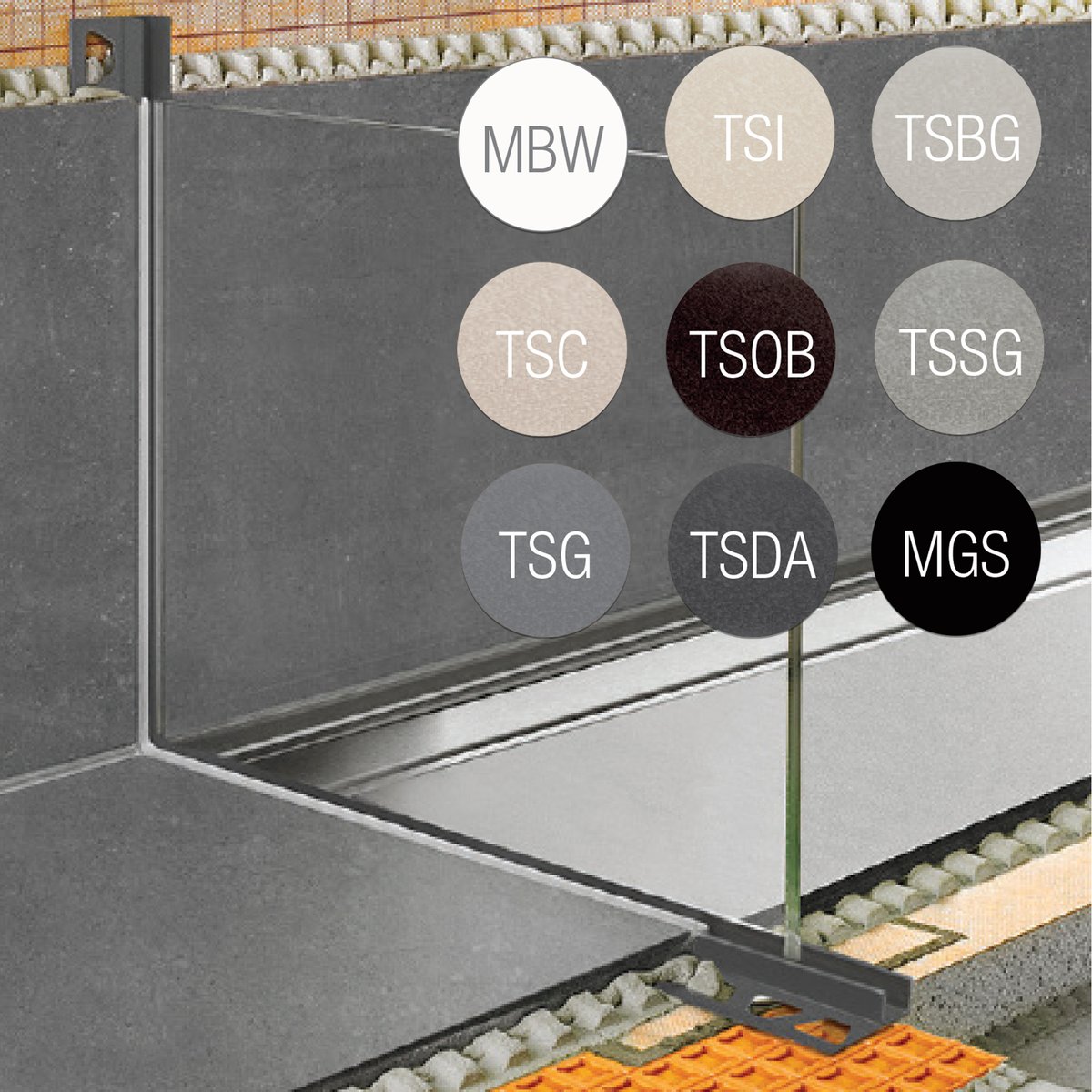 NEW! The DECO-SG glass panel profile is now offered in nine TRENDLINE colors to seamlessly coordinate with Schluter drain grates and shelves. 😍🍊 #schluter #tileedgetrim #TeamOrange #glasspanels #seamless