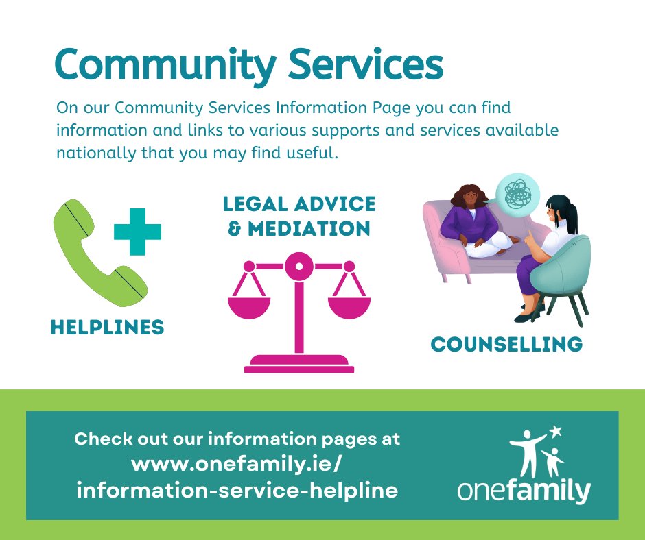 Wondering what supports and services are in your area? You can learn more at our Community Services information page on our website.

Check out our helpline information pages here: onefamily.ie/information-se…