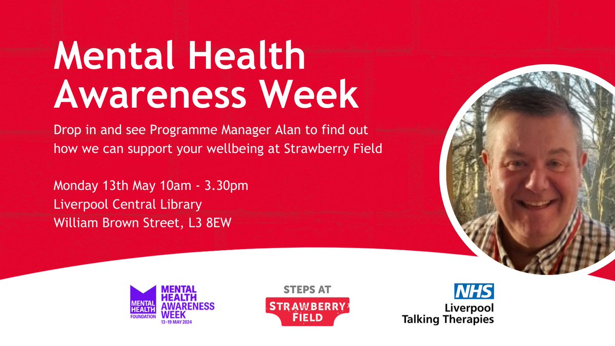 In conjunction with Talking Therapies Liverpool, we'll be celebrating #MentalHealthAwarenessWeek on Monday 13th May from 10am - 3:30pm at the Liverpool Central Library. Drop in to see our Programme Manager Alan to find out how we can support your wellbeing at Strawberry Field.