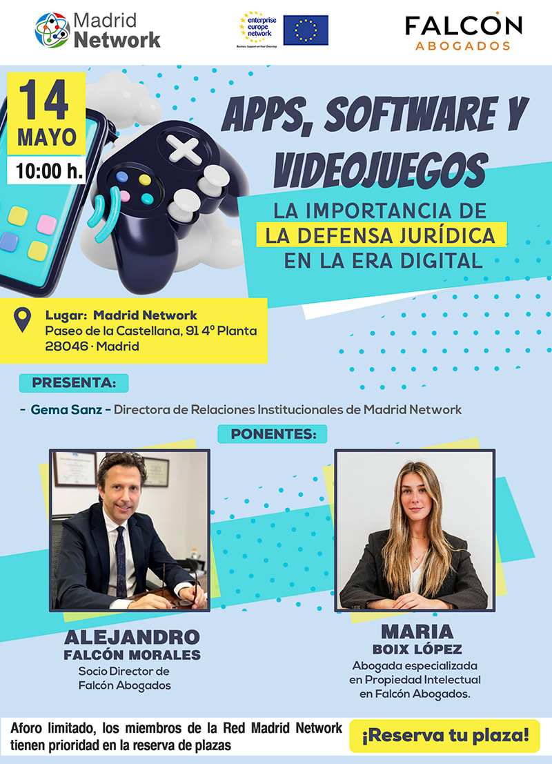 Os invitamos a participar en la jornada informativa: Apps, software y videojuegos. La importancia de la defensa jurídica en la era digital, que nos imparte @falconabogados 🗓️14 de mayo - 10 h. Participa: @gemasanzs Reserva tu plaza > madridnetwork.madrid/evento/apps-so…