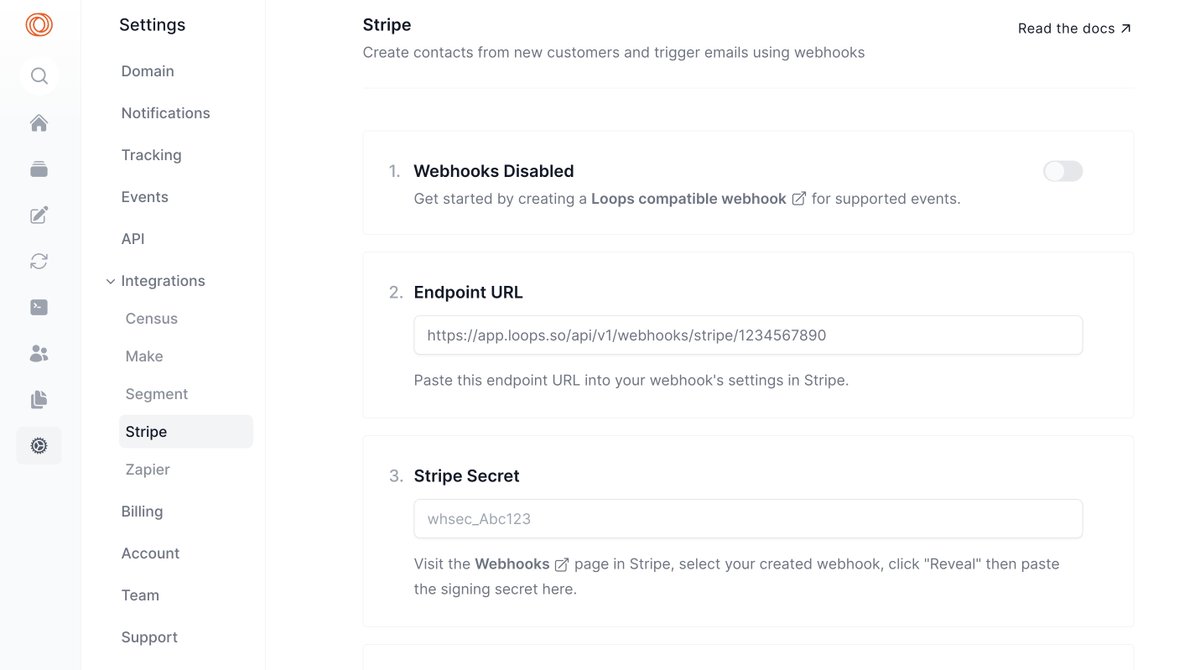 Anyone out there using @Loops' recent new Stripe integration? I'd love to hear feedback (here in replies or in DMs) about how we can improve it. (We have a few more webhook-supported platforms planned, too)