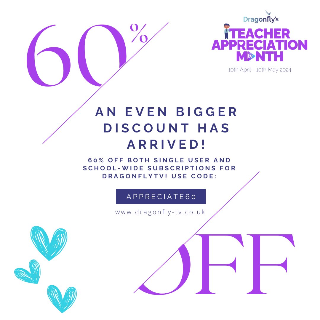 This week ONLY use code 'APPRECIATE60' and knock 60% off your one-year DragonflyTV single user subscription 🤯 A WHOLE years worth of CPD for just £18 per month ✨ loom.ly/fvRJR5c *T&Cs apply. Offer ends 10th May 2024 11:59pm BST. #teacherappreciationweek